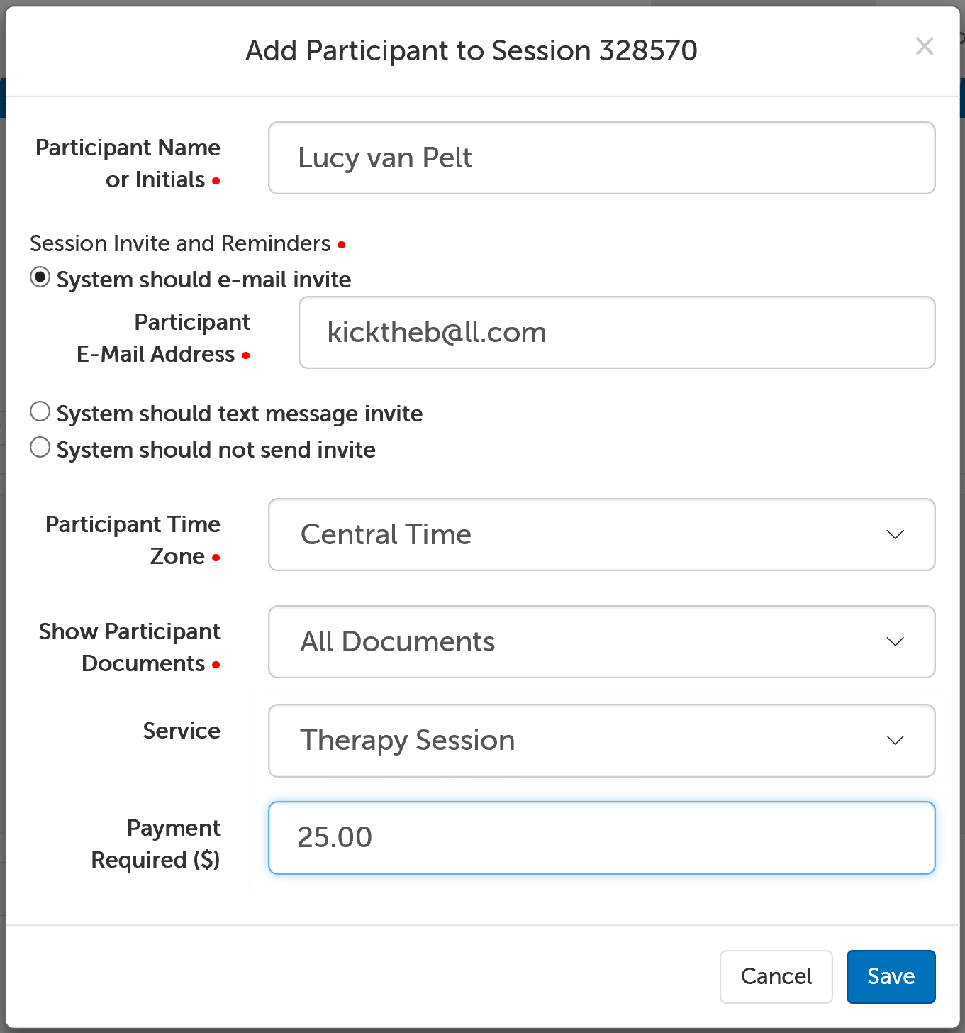 The Add Session Participant form