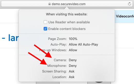 Screencap showing website preferences, with an arrow to the Camera and Microphone lines