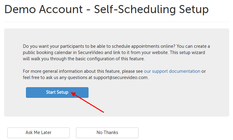 SecureVideo public booking calendar setup wizard intro